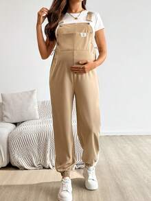 SHEIN 孕妇纯色休闲连体裤 - 卡其色 - 查看 6