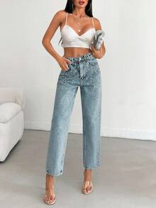 EURMUSE 100% Cotton High Waist Straight Leg Casual Denim Jean - Medium Wash - View 4