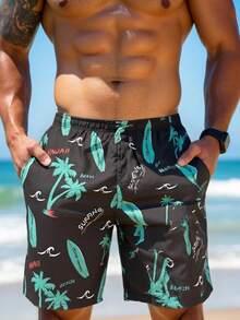 Short causal de playa para hombre, estampado de palmeras, talle de cintura natural con cordón, bolsillos frontales funcionales, tela de poliéster, apto para temporadas de primavera y verano, muy fresco y cómodo, ideal para ir a la playa o el uso casual. - Negro - Ver 5