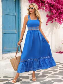 Vivid Eden Váy suông chữ A họa tiết hoa ren hoa trơn màu đơn giản cho nữ - Màu xanh lam - Xem 1