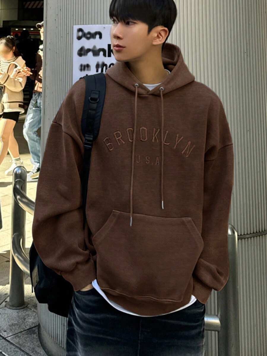 DAZY 男士秋冬保暖连帽衫，带字母刺绣，棕色 - 棕色 - 查看 1