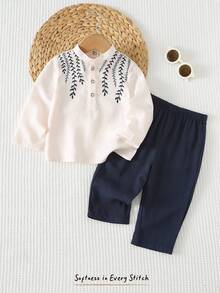 Cozy Pixies 2pcs Baby Boy Floral Print Mandarin Collar Long Sleeve Cardigan Shirt And Elastic Waist Pants Set - Blue and White - View 2