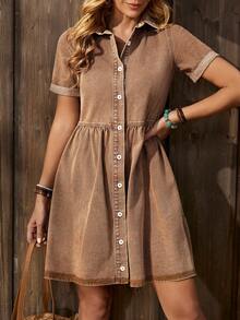 Breezaya Women's Vacation Style Single-Breasted Short Denim Dress - Khaki - View 7