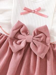 新生女宝宝白色无袖蕾丝领拼接粉色蝴蝶结连衣裙，新款优雅复古可爱面料舒适 - 粉色 - 查看 6