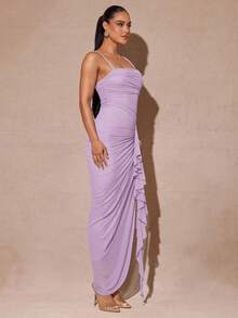 Silquee Váy xẻ tà cao tay bèo nhún lãng mạn màu xanh lá cây thanh lịch, đầm dự tiệc bodycon ren dành cho nữ, thích hợp cho ngày lễ tình nhân, hẹn hò, đám cưới, dạ hội - Màu tím hoa cà - Xem 5