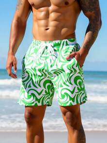 Manfinity VDAYZ Męskie letnie szorty plażowe z nadrukiem na całej powierzchni i ściągaczem w pasie