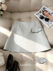 SHEIN Franclia Women's A-Line Skirt With Front Fabric Pocket Decoration, Glossy Leather-Like Material, Versatile Casual Fashion Style - Light Grey - View 7