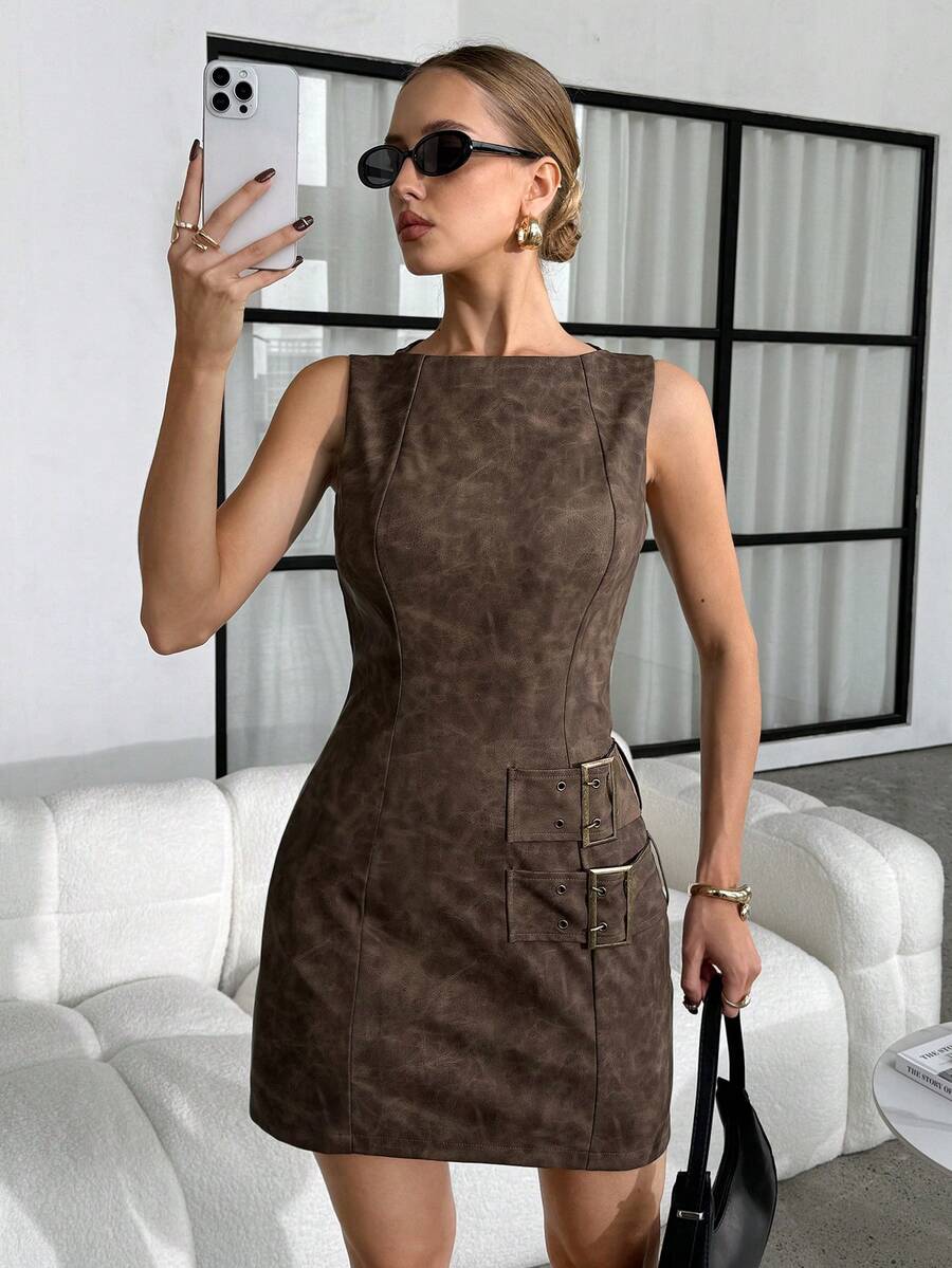 Lavishia 女士时尚PU性感复古抹胸迷你连衣裙，适合夏季母亲节、毕业典礼、夏季穿着。 - 棕色 - 查看 1