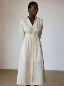 Aveloria Modichic French Elegant Shiny Satin Minimalist Style Waist Ruched Slimming Long Sleeve Dress - Beige - View 7