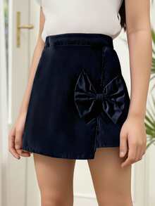 SHEIN تنورة حمراء أنيقة مزينة بطبقات وفيونكة للفتيات الصغيرات، مناسبة للعطلات والصيف والسفر - الأزرق - مشاهدة 2