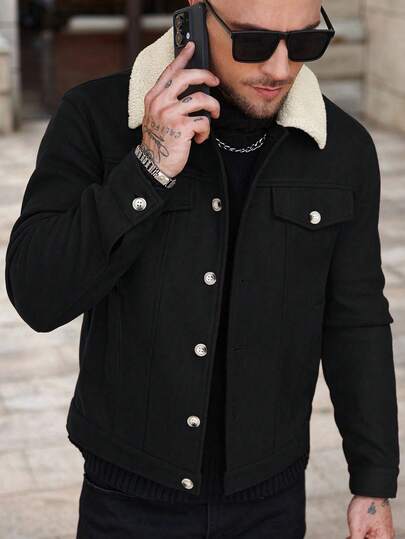 Manfinity Homme 男士休闲通勤拼接泰迪绒翻领羊毛混纺夹克，秋冬款