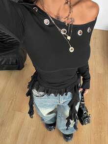 Coolane 女士秋季音乐会街头风 Y2K 度假辣妹休闲弹力不对称领口网纱拼接荷叶边流苏T恤 - 黑色 - 查看 2