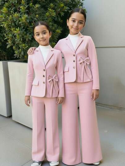 SHEIN Tween Girl Spring & Autumn Pink Striped Blazer Set For Tween Girl: Stylish Single-Breasted Suit With Bow Decoration, Loose Wide-Leg Pants-Perfect For Parties, School Events, Family Gatherings & Semi-Formal Occasions, Comfortable & For Cool Seasons