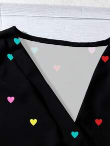 EMERY ROSE Colorful Heart Print Casual Loose Fit Cap Sleeve Shirt, Suitable For Party, Plus Size,Flower/Spring/Summer/Vacation - Multicolor - View 7