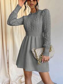 Solid Color Long Sleeve Knitted Sweater Dress - Grey - View 4