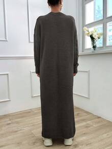EURMUSE Autumn/Winter Casual Solid Color Lantern Sleeve Dropped Shoulder Loose Long Sweater Dress - Dark Grey - View 6