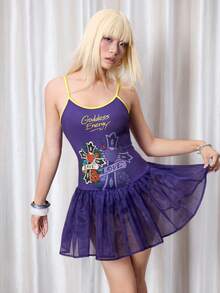 Y2Kool Maria Clara Maia 紫色和黄色撞色十字架，复古心形花卉老派纹身风格网纱拼接Y2K性感休闲街头时尚女式紧身泡泡裙，适合秋冬季派对、节日、新年、日常穿着、春季穿搭、女士生日装、嘉年华服装 - 紫色 - 查看 7