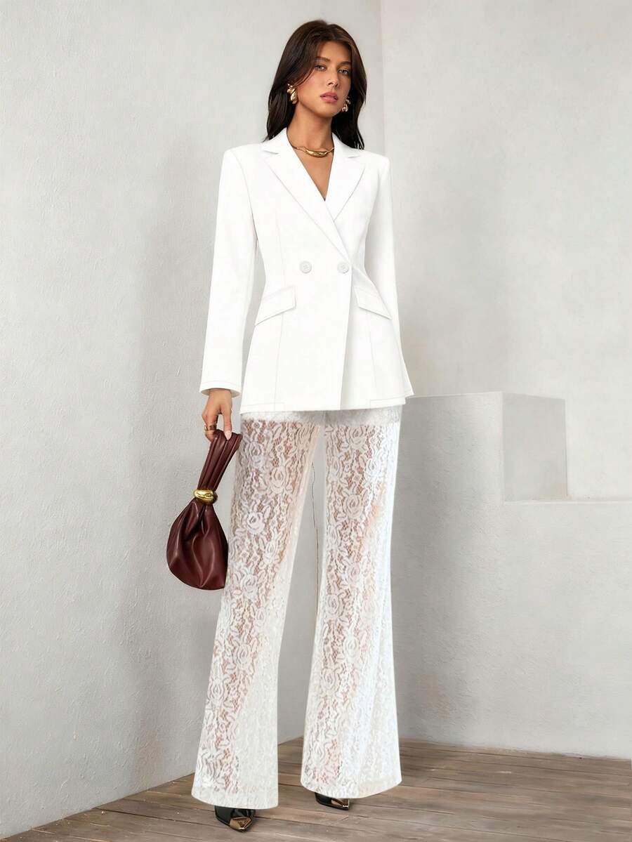 Almamuse Women's Elegant Loose Double-Breasted Long Sleeve Blazer Jacket And Flared Lace Pants Set, Spring/Autumn White Blazer Women Women Suit Set White Suits For Woman White Pants Suit Women White Outfits - White - View 1