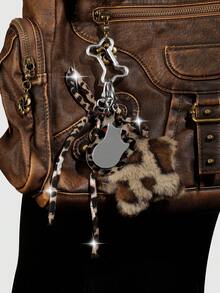 ROMWE Kawaii 1 Y2k Retro Hottie Brown Leopard Print Rhinestone Webbing Bow Acrylic Wing Mirror Double-Sided Star DIY Bone Keychain Bag Pendant, Holiday Gift - Brown-45 - View 3