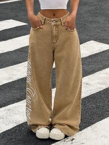 Muchica Women's Casual Printed Pocket Loose Fit Jeans - Khaki - View 6