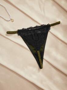 Charlaine Women's Contrast Lace Comfortable Thong Panties - Dark Green - View 7