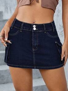SHEIN ICON 女士休闲时尚街头风日常通勤低腰翻盖口袋牛仔超短迷你裙，夏季 - 深色水洗藍 - 查看 5
