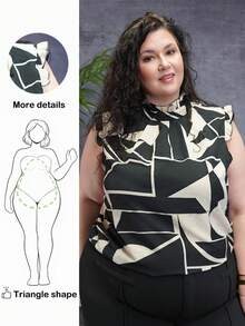 Truni 大码女式无袖衬衫，黑白花卉印花面料，领口和袖口饰有荷叶边。适合早春、春夏、热带雨林、海滩派对、海边度假、篝火晚会等场合。清爽轻盈，修身剪裁，穿着舒适。易于搭配，显瘦显瘦，凸显身材，修饰身形。 - 黑與白 - 查看 1