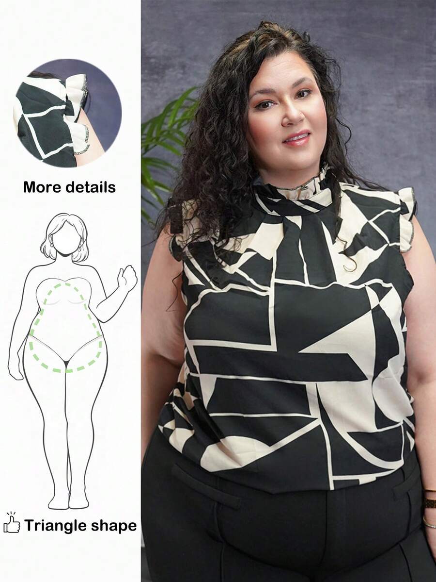 Truni 大码女式无袖衬衫，黑白花卉印花面料，领口和袖口饰有荷叶边。适合早春、春夏、热带雨林、海滩派对、海边度假、篝火晚会等场合。清爽轻盈，修身剪裁，穿着舒适。易于搭配，显瘦显瘦，凸显身材，修饰身形。 - 黑與白 - 查看 1