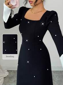 Modelyn Women's Black Long Sleeve Square Neck Beaded Waist A-Line Elegant Dress - Black - View 1