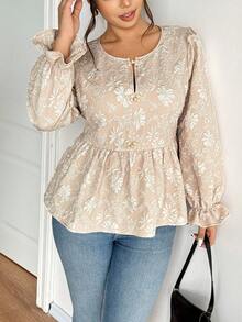 Lounesse Plus Size Jacquard Fabric Apricot Color Mandarin Collar Casual Commuter Long Sleeve Shirt Romantic, Winter Clothes For Women - Apricot - View 1