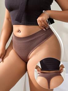 1 pieza Tanga sin costuras con patrón jacquard de unicolor minimalista de talla grande - Café integral - Ver 5
