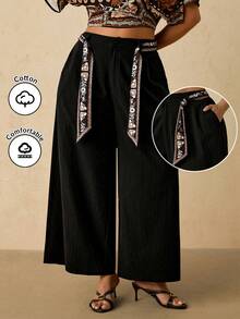 Travachic بنطلون فضفاض بخصر واسع للنساء البدينات، بنطلون فريد مخصص ذو ساق واسعة مع جيوب، بنطلون قطني مريح للنساء في فصل الخريف/الشتاء، فستان أسود - الأسود - مشاهدة 1