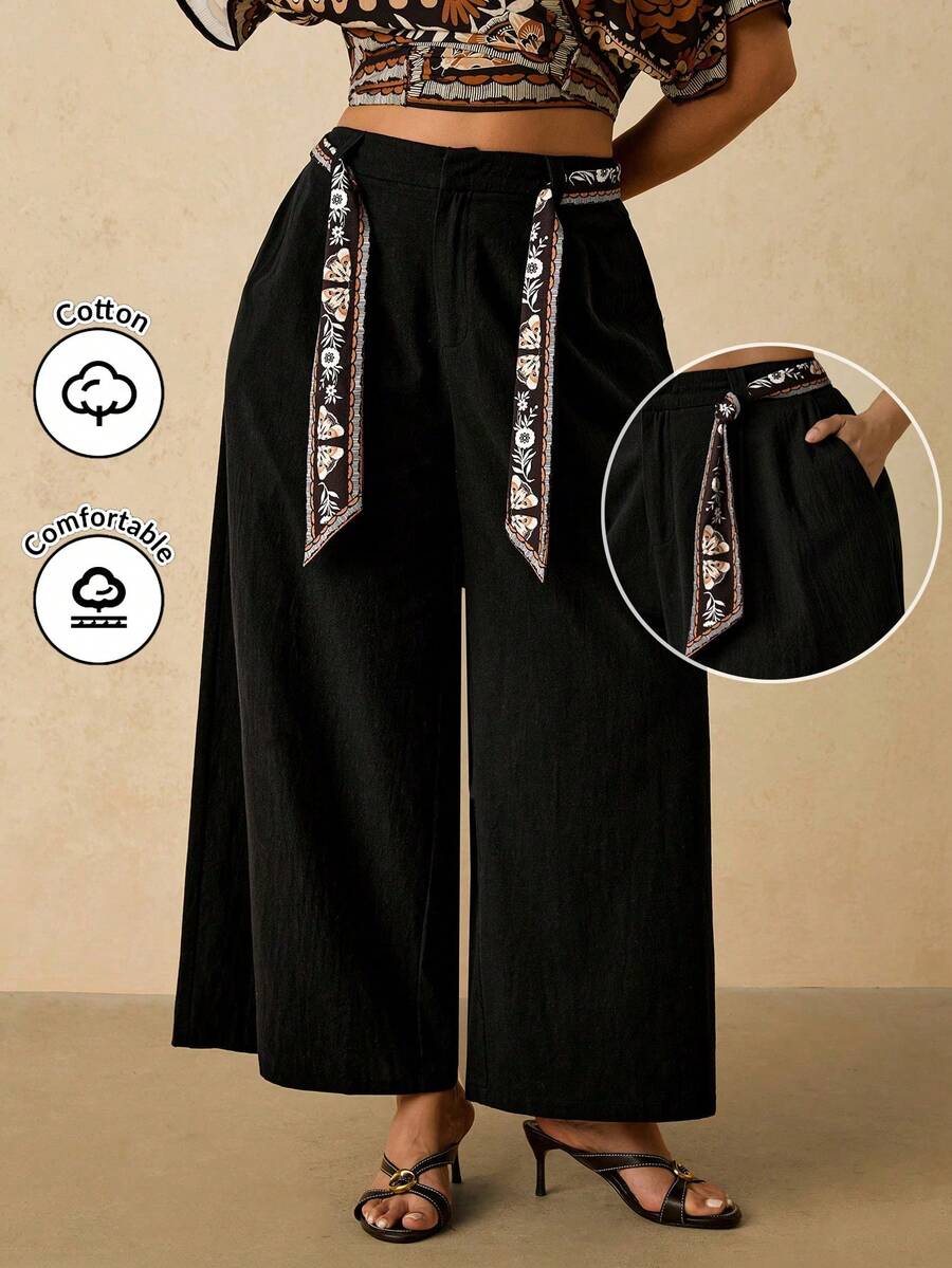 Travachic بنطلون فضفاض بخصر واسع للنساء البدينات، بنطلون فريد مخصص ذو ساق واسعة مع جيوب، بنطلون قطني مريح للنساء في فصل الخريف/الشتاء، فستان أسود - الأسود - مشاهدة 1