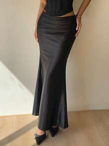 Sunnyshic Falda ajustado plisada blanca, minimalista y de moda, adecuada para el verano - Negro - Ver 4