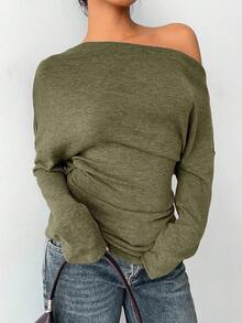 Aloruh Áo thun nữ dáng ôm cổ bèo nhún màu trơn, thoải mái khi đi làm hàng ngày, mùa xuân/thu - xanh quân đội - Xem 5