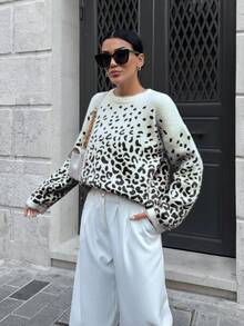 EURMUSE Moher Yarn Pullover Leopard Pattern Pullover Fall Winter - Black - View 3