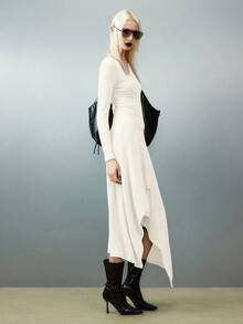 Airlisse 黑白条纹不对称下摆优雅长袖连衣裙 - 杏色 - 查看 5