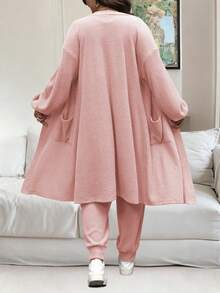 Vionelle 大码女式纯色落肩长袖外套和腰带连体裤休闲两件套 - 藕粉色 - 查看 2