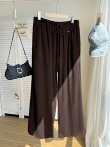 SHEIN EZwear 加大码棕色毛绒保暖舒适休闲抽绳宽松裤 - 棕色 - 查看 12