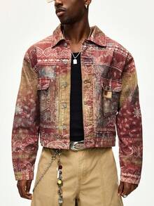 ROMWE MEN Street Life 男士休闲腰果印花长袖单排扣牛仔夹克，带口袋 - 藍色 - 查看 4