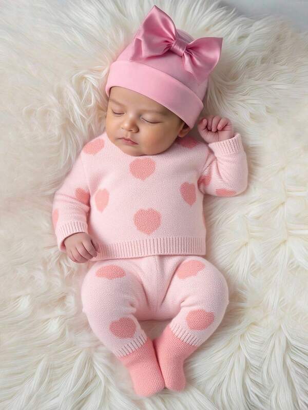 SHEIN Newborn Baby Girl Pink Heart Sweater & Pants 2 Pieces Set, Comfortable Knitted Outfit Suitable For Autumn/Winter, Ideal For Everyday Wear, Parties, And Occasions Baby Set Autumn Winter Season Baby Girl Knitted Outfits Baby Girl Warm Sets Heart Print Baby Outfit Pink Baby Outfit Newborn Girl Winter Sets Baby Girl Heart Outfit Pink Bow Baby Outfit