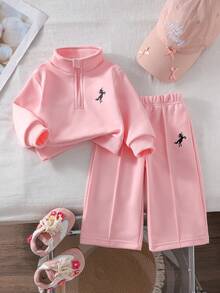Genkimix Kids Autumn/Winter Baby Girls Embroidered Stand Collar Zip-Up Long Sleeve Sweatshirt Set, Minimalist & Comfortable - Pink - View 1