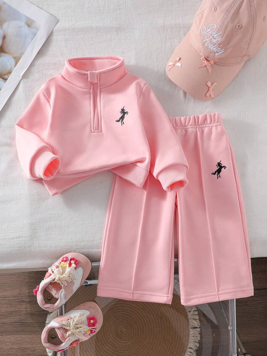 Genkimix Kids Autumn/Winter Baby Girls Embroidered Stand Collar Zip-Up Long Sleeve Sweatshirt Set, Minimalist & Comfortable - Pink - View 1