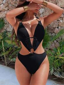 Swim SXY-D Solid Deep V Neck Tie Strap Backless Cutout Sexy Beach Monokini Swimsuit For Women, Spring/Summer - Black - View 6