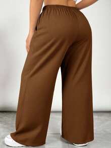 SHEIN VCAY 大码纯色褶裥休闲阔腿裤 - 棕色 - 查看 2
