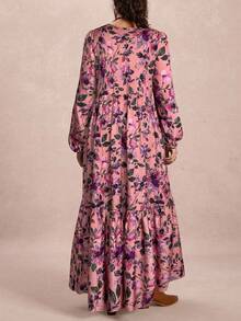 Freevana 大码女士秋冬飘逸舒适修身印花长袖连衣裙，V领设计，适合冬季穿着，也可作为万圣节服装、娃娃款长裙、休闲外出服、教师装等。 - 彩色 - 查看 2