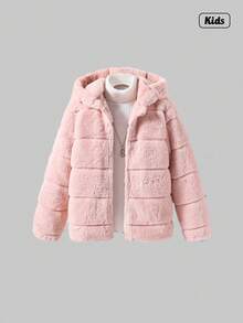 Sweetra Tween Girl 蓬松格子对称图案连帽休闲百搭夹克，适合日常穿着 - 粉色 - 查看 1