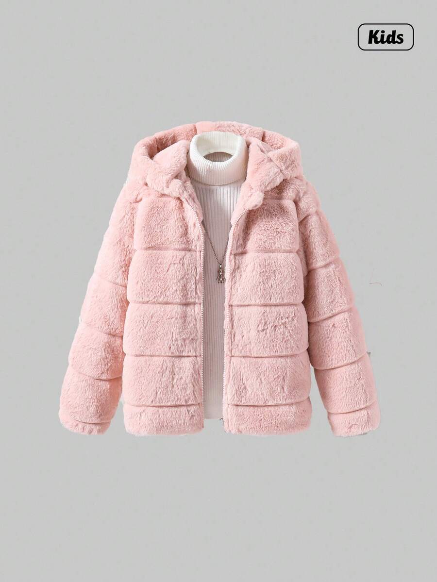 Sweetra Tween Girl 蓬松格子对称图案连帽休闲百搭夹克，适合日常穿着 - 粉色 - 查看 1