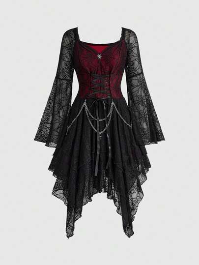 Halloween Goth abnehmbare Metallkette Gürtel Taille asymmetrischer mehrlagiger Saum Spinnennetz Mesh Glockenärmel Damen Kleid