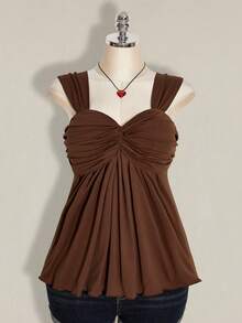 SHEIN ICON Plus Size Women's Black Twist Front Sleeveless Babydoll Knit Top, Y2K Style, Suitable For Graduation/Back To School Season, Summer Cute Tops - Chocolate Brown - View 3